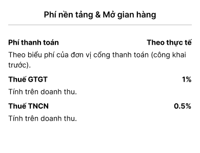 phí nền tảng và mở gian hàng